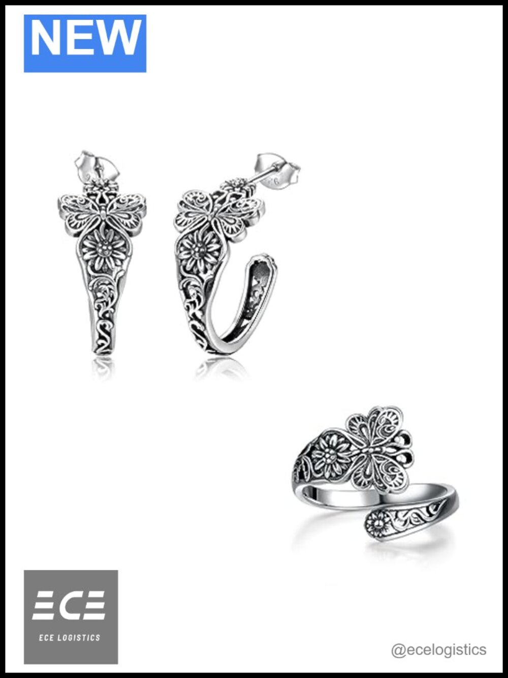 925 Sterling Silver Butterfly Hoop Earrings Vintage Spoon Ring Design